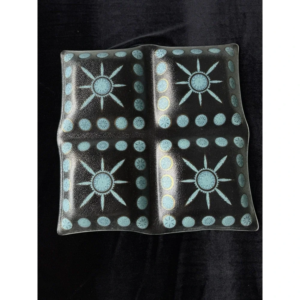 Vintage MCM CULVER Glass Carnival Turquoise Blue Gold 4 Serving‎ Tray Platter